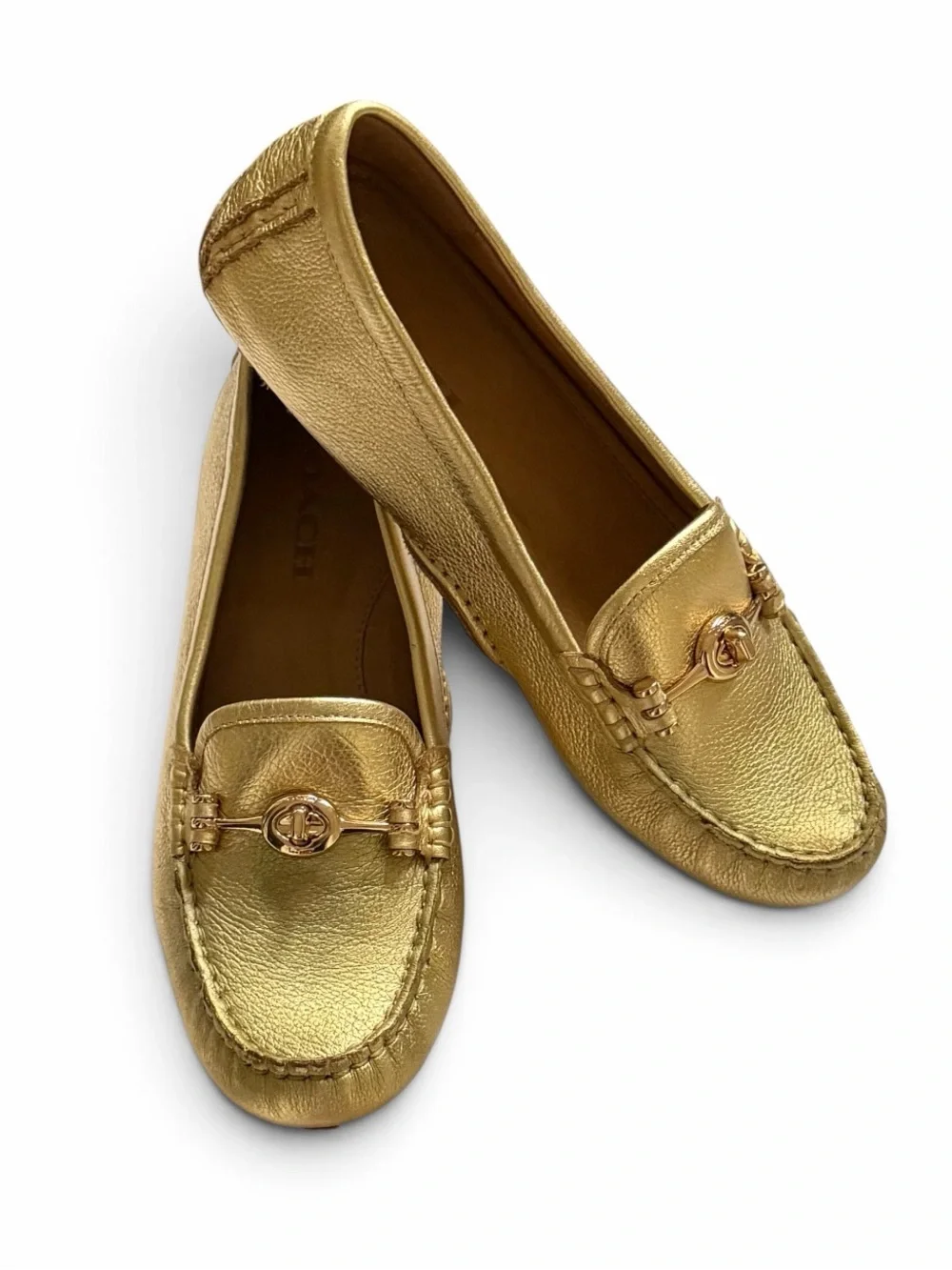 Coach Metallica Gold Tumbled Leather TurnLock Arlene Driving Loafers Size 7.5
